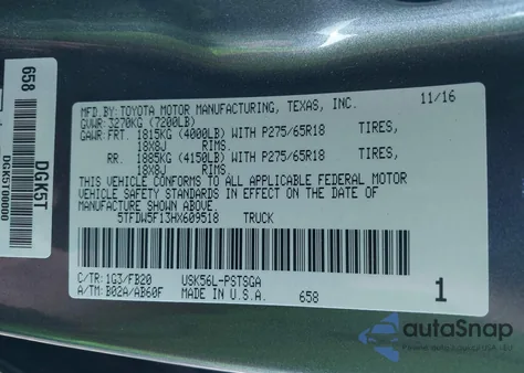 2017 Toyota Tundra Sr5 5.7L V8 из США, поврежденный, VIN 5TFDW5F13HX609518